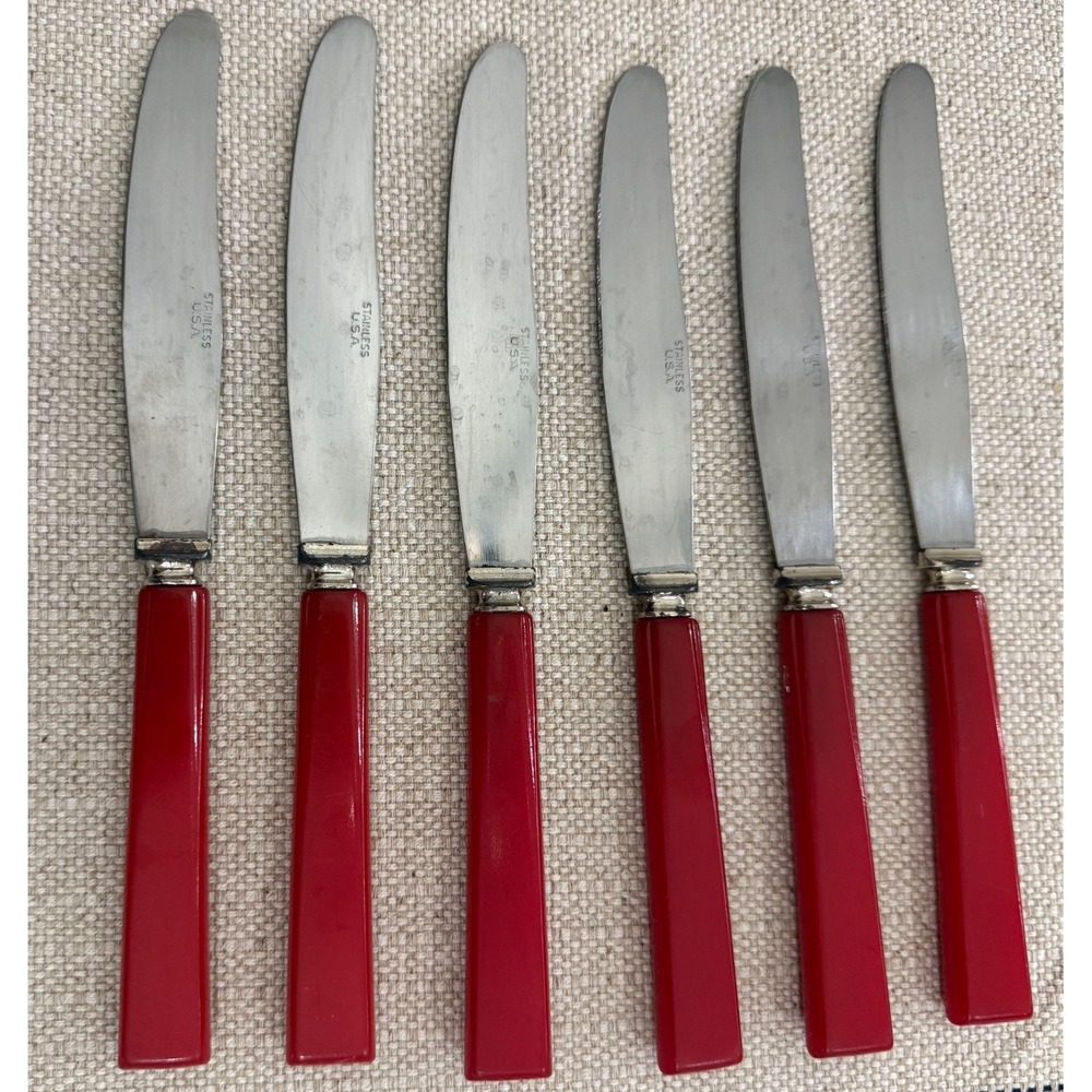 Vtg Bakelite Red Handle Stainless Steel Knives Set of 6 Mid Century Modern Knife
